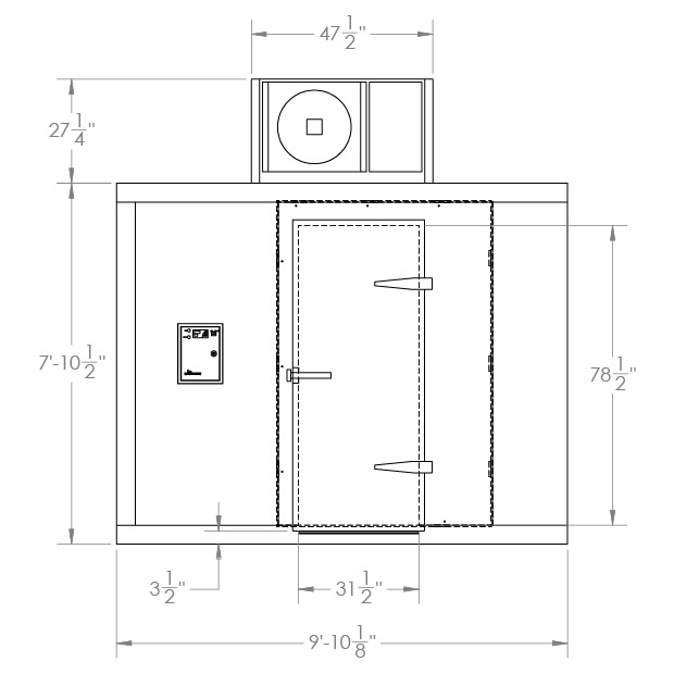 Line drawing of freezer with dimensions